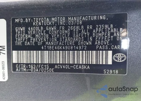 2009 Toyota Camry Se из США, поврежденный, VIN 4T1BE46K49U814972